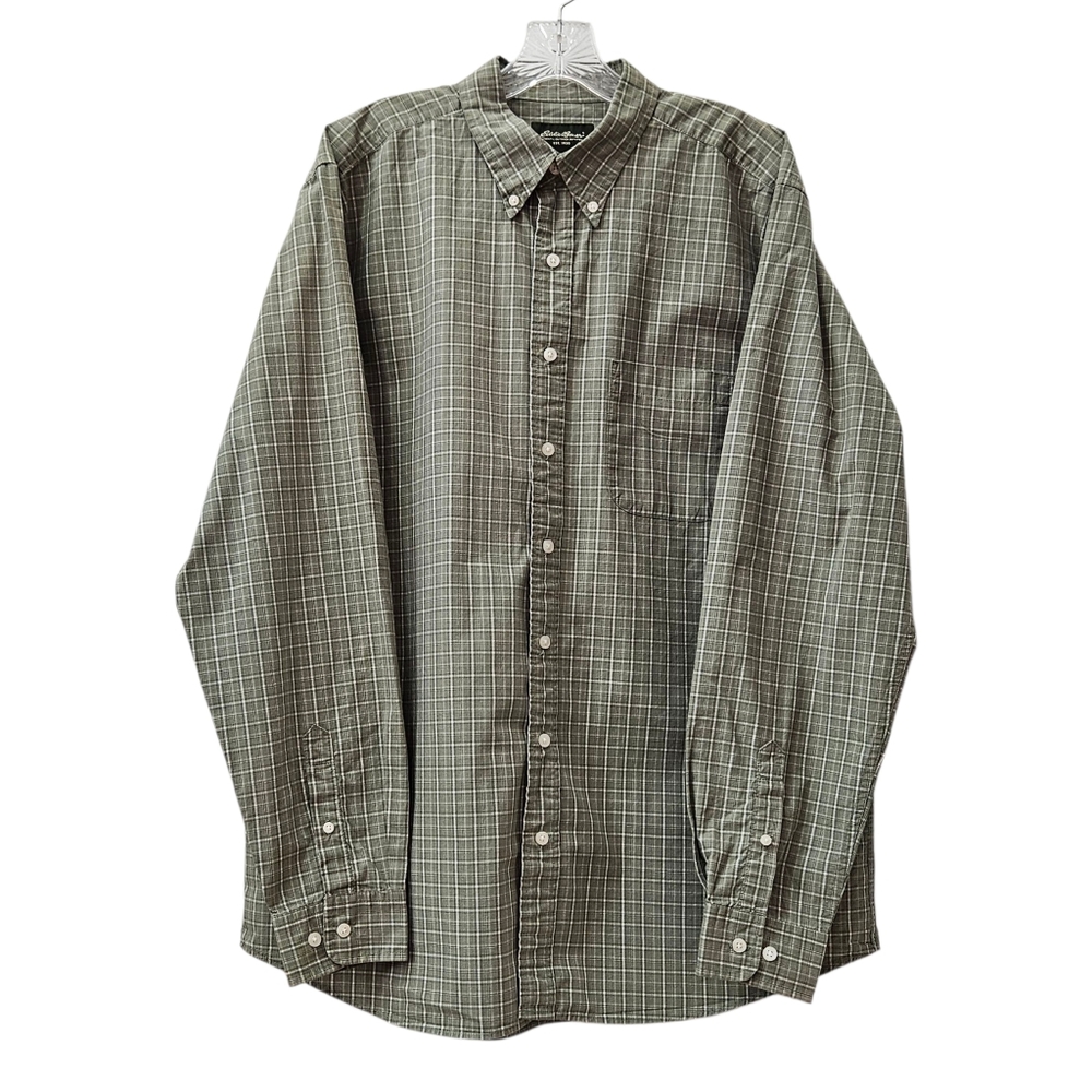 men's Eddie Bauer long sleeve button-down green and white plaid shirt - Picture 2 of 8
